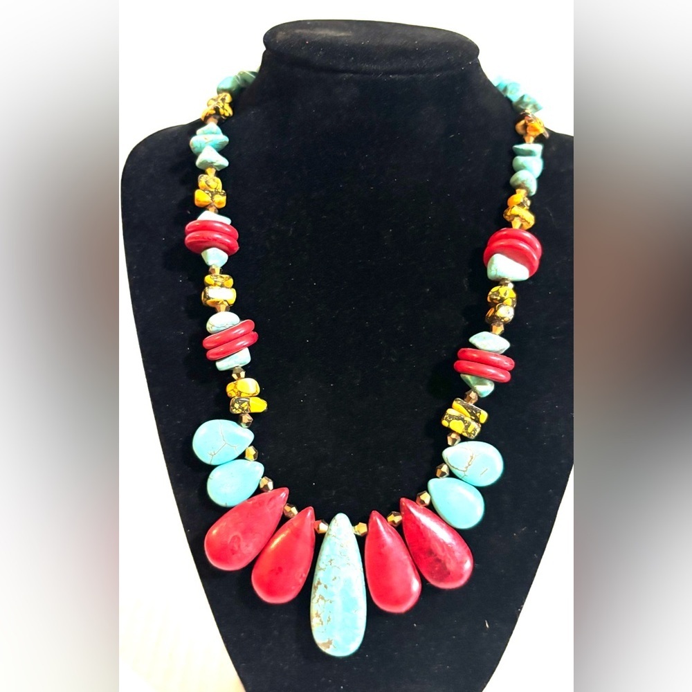 Coral Turquoise Beaded Statement Necklace with Gold Accents